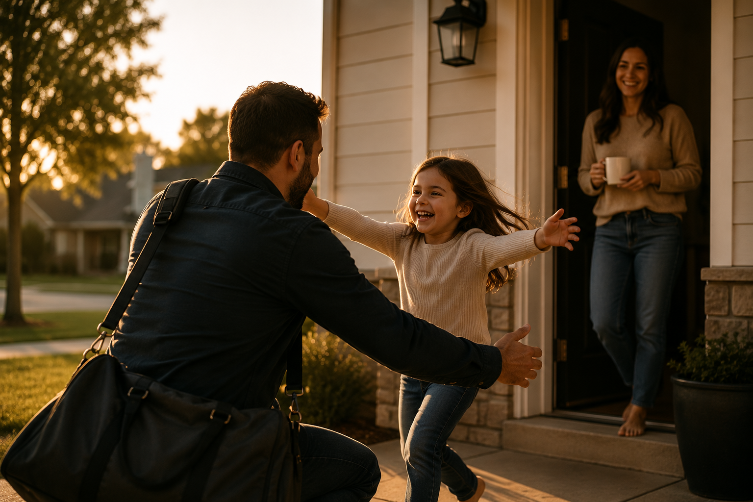 A driver arrives home at sunset as his daughter runs to hug him while his wife watches from the doorway.